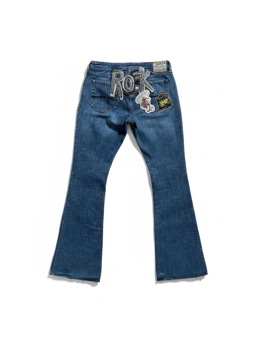 Parasuco Y2K Low Rise Flare Jeans Patchwork Raw Hem Denim 29 Blue